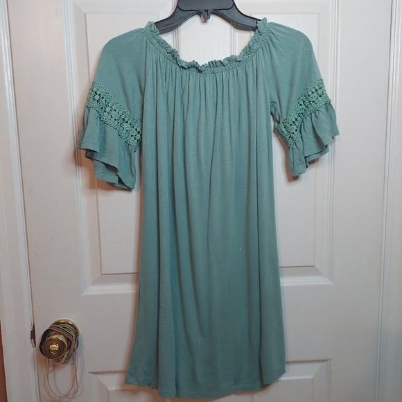 Love By Chesley Seafoam Green Off Shoulder Short Sleeve Mini Dress Boho Size S - Picture 2 of 10